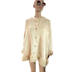 Vintage Handmade Cardigan Sweater Top Women Cream Chunky Knit Winter Fluffy Cozy